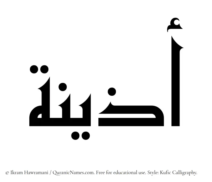 The Muslim name Adeena written in Kufi/Kufic calligraphic script