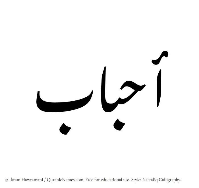 The Muslim name word Ahbab written in Nastaliq calligraphic script