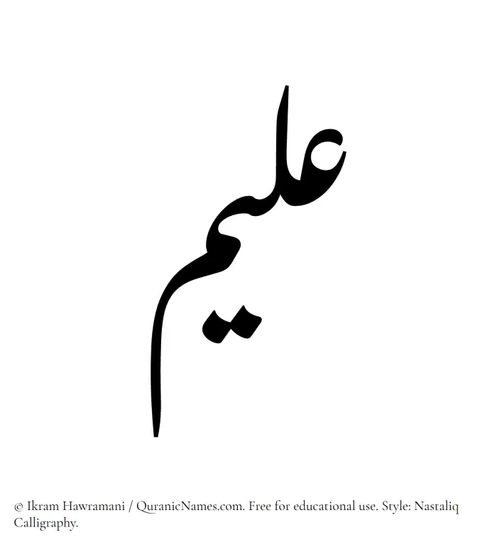 The Muslim name word Aleem written in Nastaliq calligraphic script