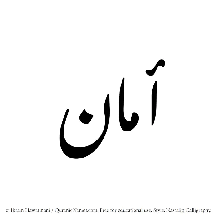 The Muslim name word Aman written in Nastaliq calligraphic script