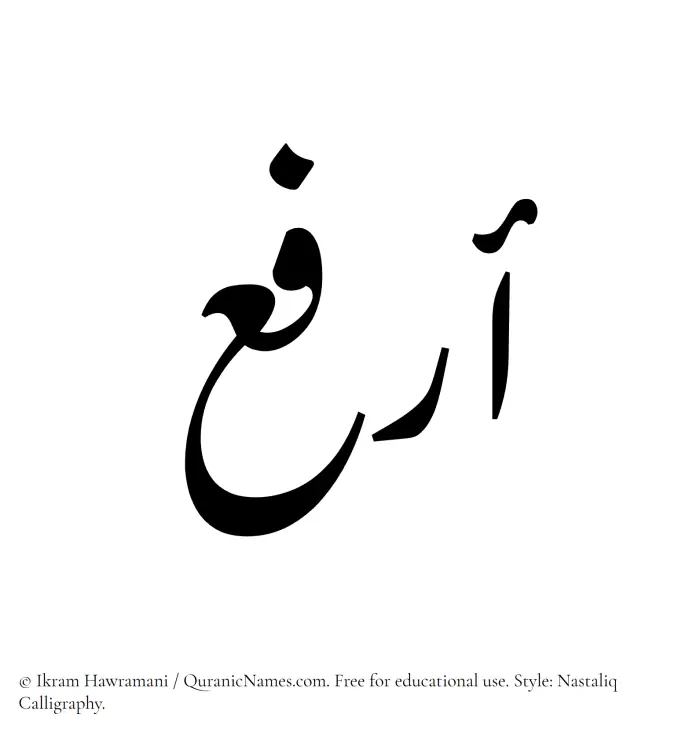 The Muslim name word Arfa written in Nastaliq calligraphic script