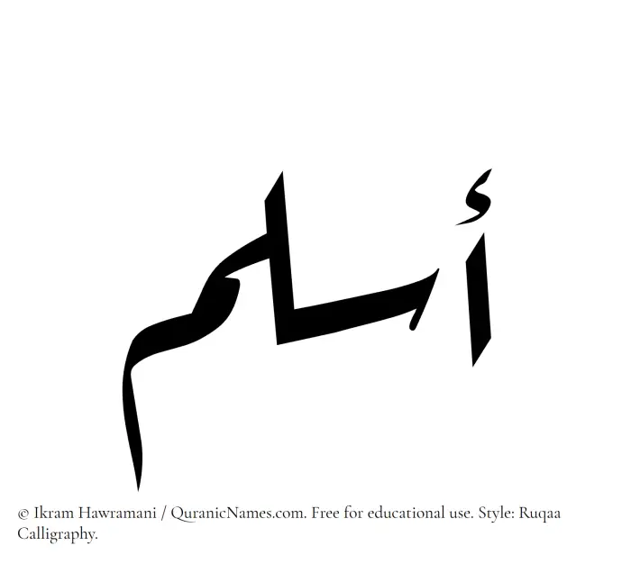 The Muslim name Aslam written in Ruqaa calligraphic script