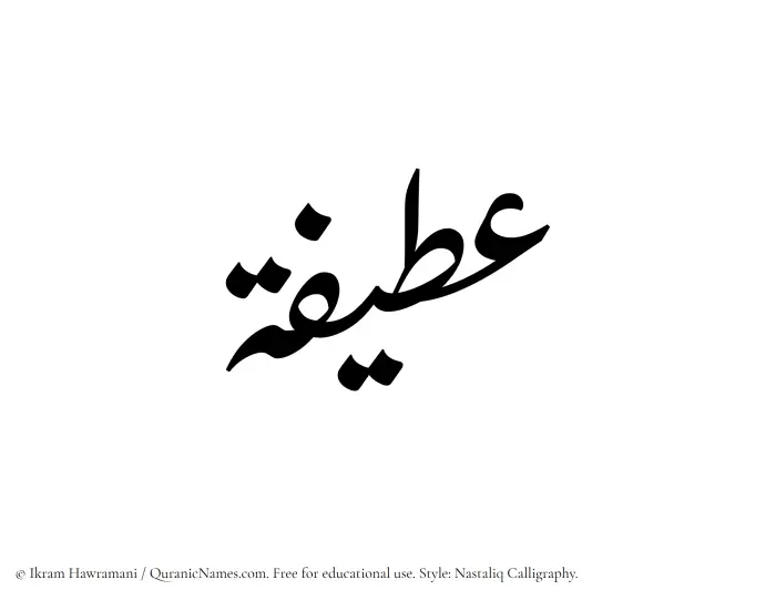 The Muslim name word Ateefah written in Nastaliq calligraphic script