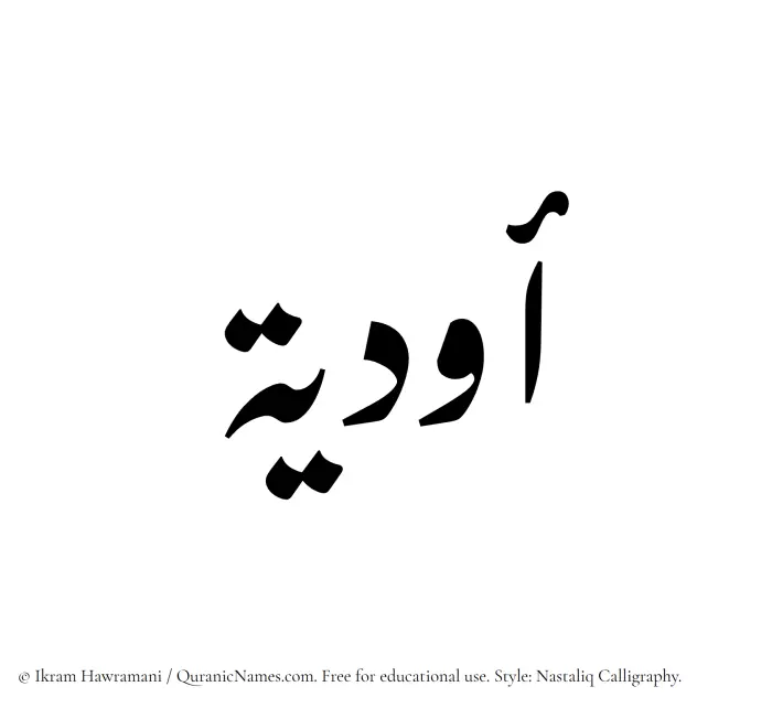 The Muslim name word Awdiya written in Nastaliq calligraphic script