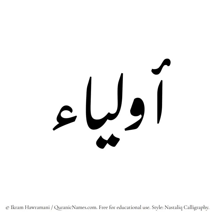 The Muslim name word Awlya written in Nastaliq calligraphic script