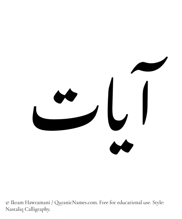 The Muslim name word Ayaat written in Nastaliq calligraphic script