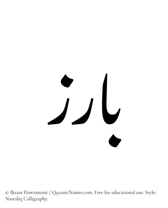 The Muslim name word Baariz written in Nastaliq calligraphic script