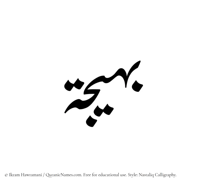 The Muslim name word Baheeja written in Nastaliq calligraphic script