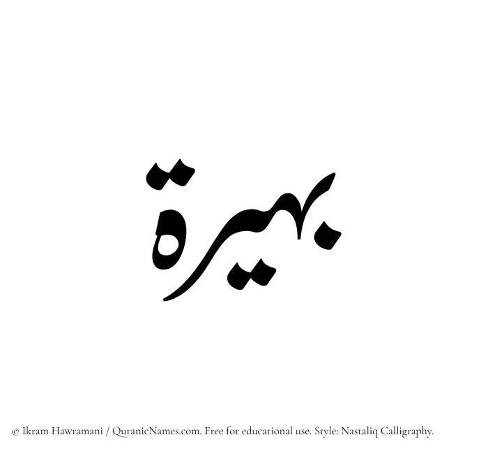 The Muslim name word Baheerah written in Nastaliq calligraphic script