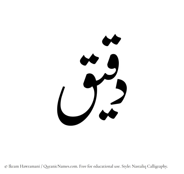 The Muslim name word Daqeeq written in Nastaliq calligraphic script