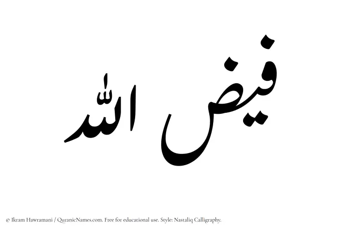 The Muslim name word Faizullah written in Nastaliq calligraphic script