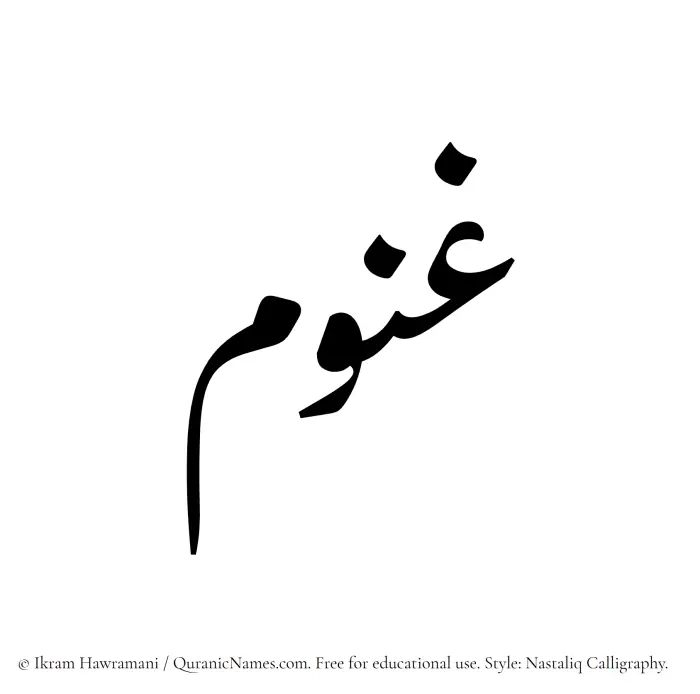 The Muslim name word Ghanum written in Nastaliq calligraphic script