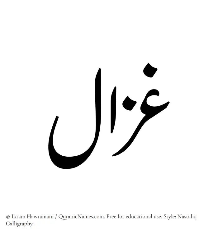 The Muslim name word Ghazaal written in Nastaliq calligraphic script
