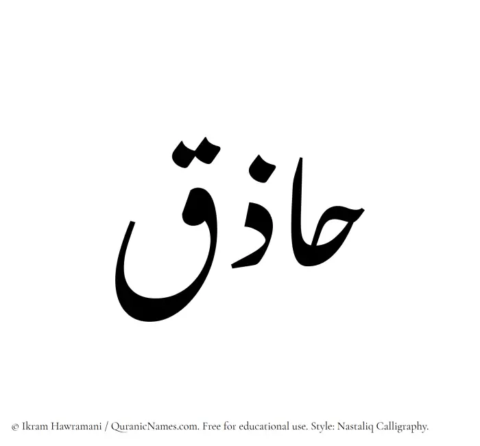 The Muslim name word Haziq written in Nastaliq calligraphic script