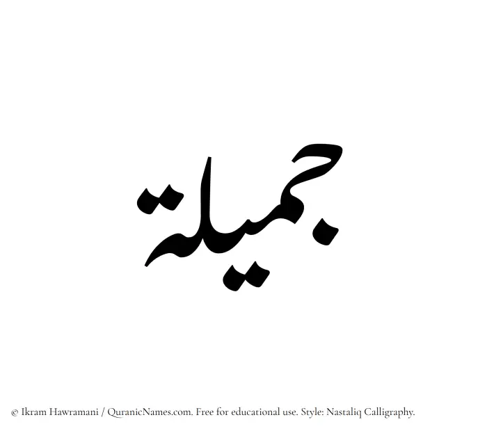 The Muslim name word Jamila (Jameelah) written in Nastaliq calligraphic script
