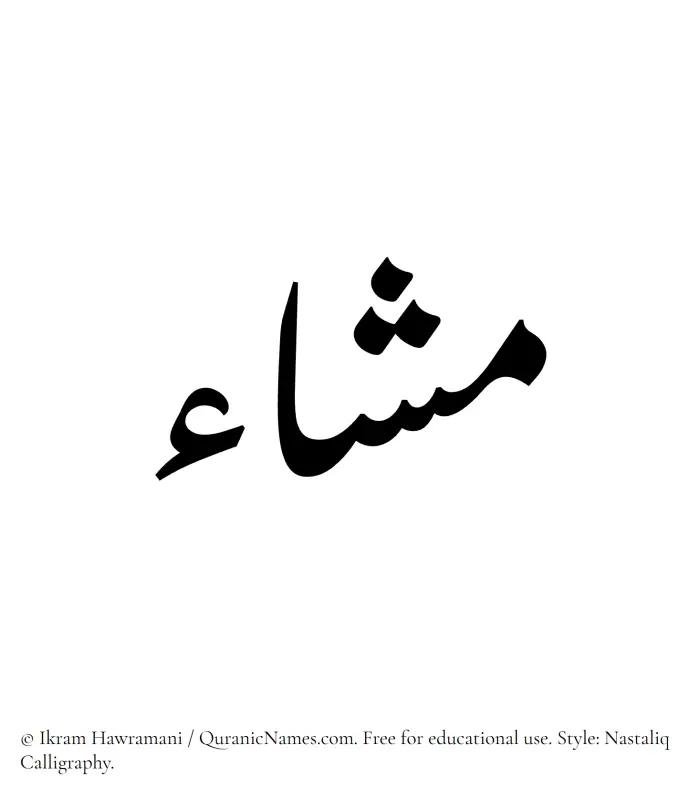 The Muslim name word Mashaa written in Nastaliq calligraphic script