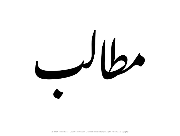 The Muslim name word Mutalib written in Nastaliq calligraphic script