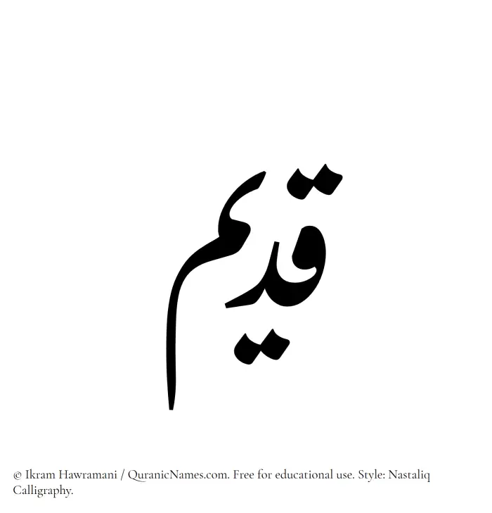 The Muslim name word Qadeem written in Nastaliq calligraphic script