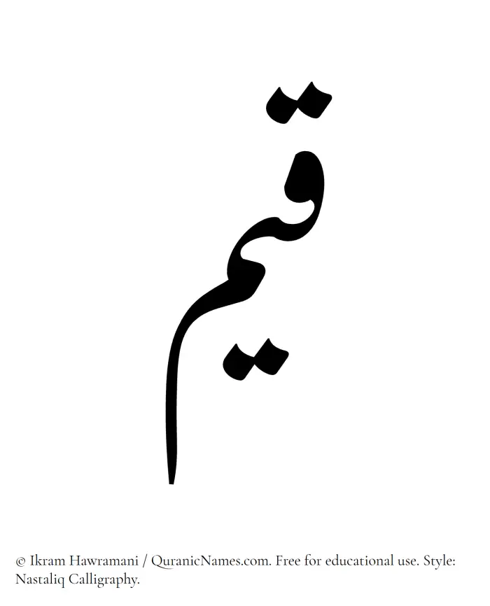 The Muslim name word Qayyim written in Nastaliq calligraphic script