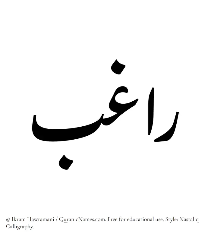 The Muslim name word Raghib written in Nastaliq calligraphic script