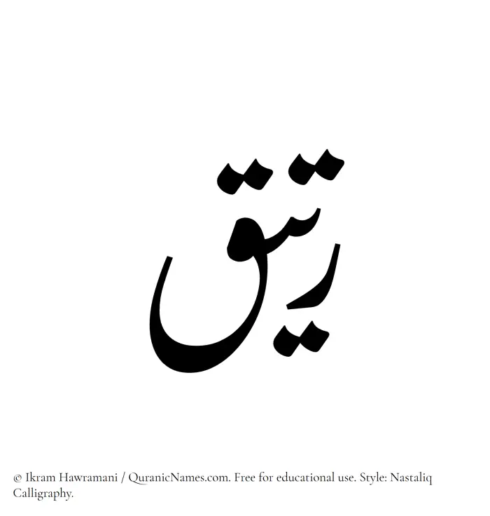 The Muslim name word Rateeq written in Nastaliq calligraphic script