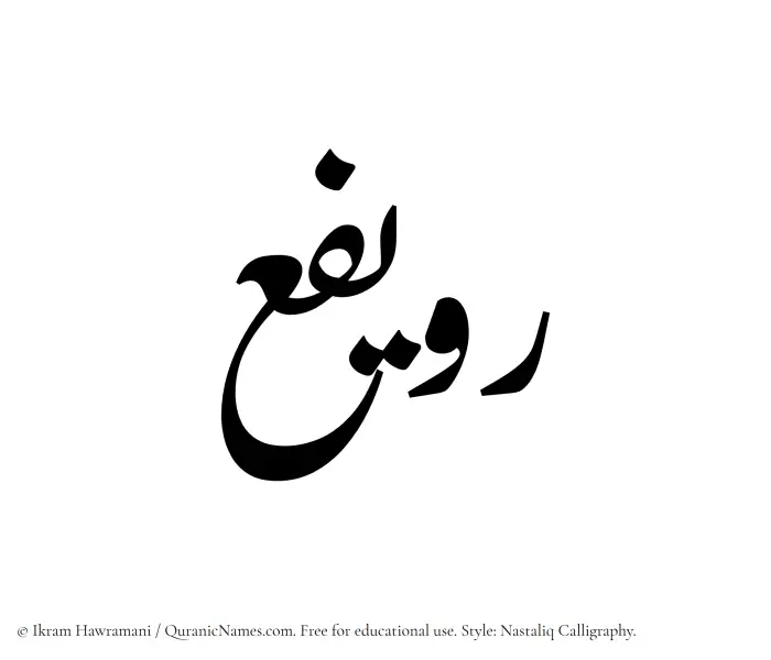 The Muslim name word Ruwayfi written in Nastaliq calligraphic script