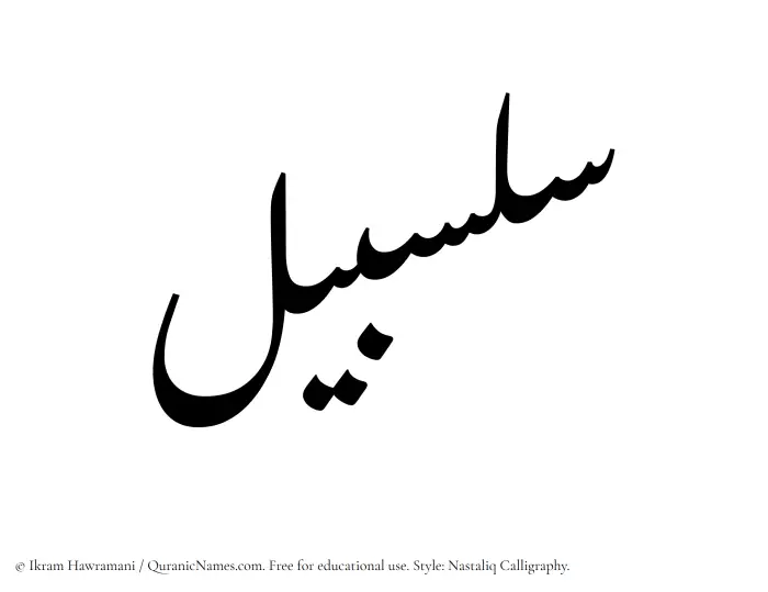 The Muslim name word Salsabil written in Nastaliq calligraphic script