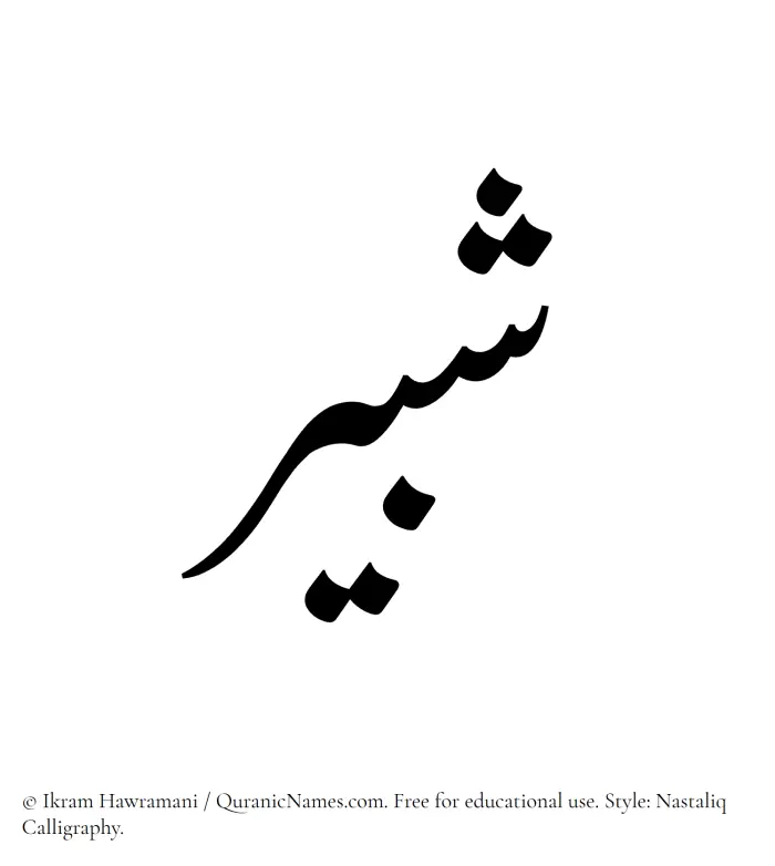 The Muslim name word Shabir written in Nastaliq calligraphic script