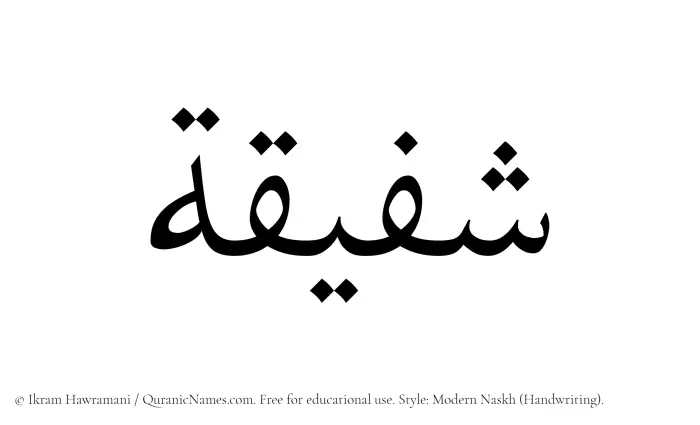 The Muslim name Shafiqa written in naskh script
