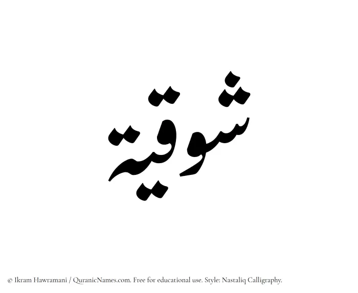 The Muslim name word Shawqiyyah written in Nastaliq calligraphic script