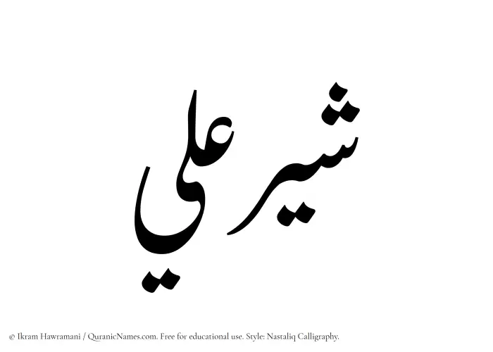 The Muslim name word Shayyir Ali written in Nastaliq calligraphic script