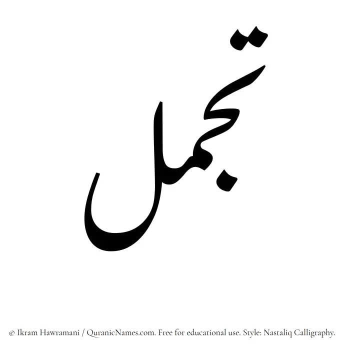 The Muslim name word Tajammul written in Nastaliq calligraphic script