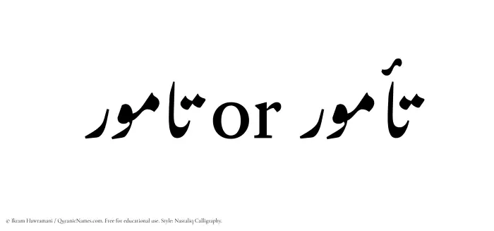 The Muslim name word Tamur written in Nastaliq calligraphic script
