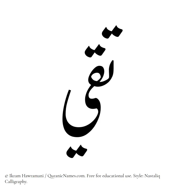 The Muslim name word Taqi written in Nastaliq calligraphic script
