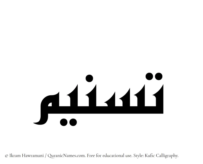 The Muslim name Tasneem written in Kufi/Kufic calligraphic script
