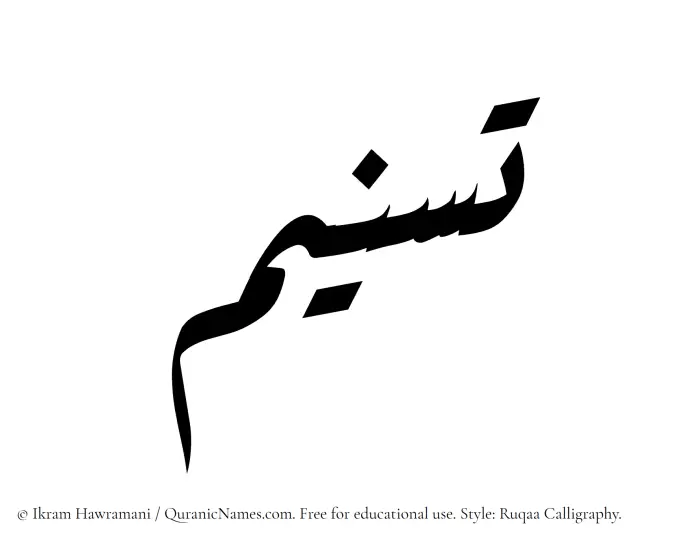 The Muslim name Tasneem written in Ruqaa calligraphic script