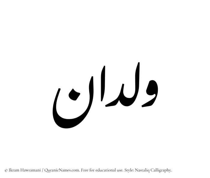 The Muslim name word Wildan written in Nastaliq calligraphic script