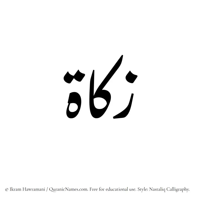 The Muslim name word Zakat written in Nastaliq calligraphic script