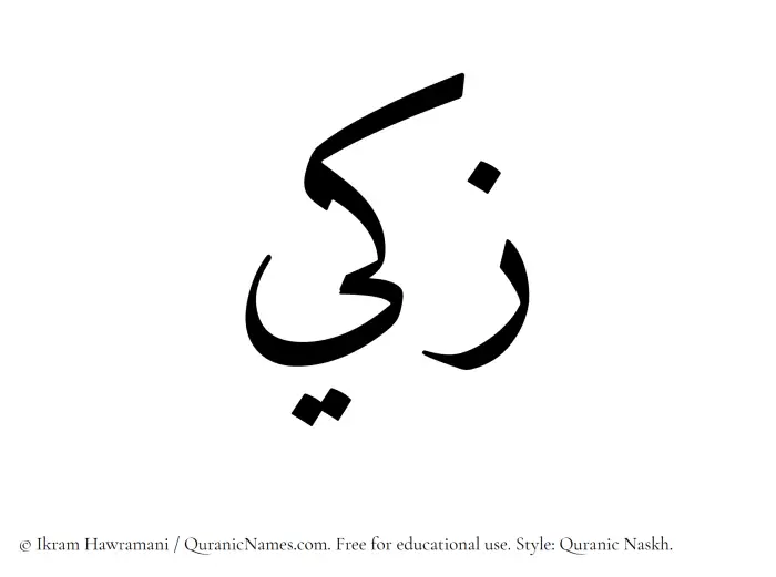 The Muslim name Zaki written in Quranic naskh script