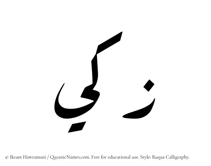 The Muslim name Zaki written in Ruqaa calligraphic script