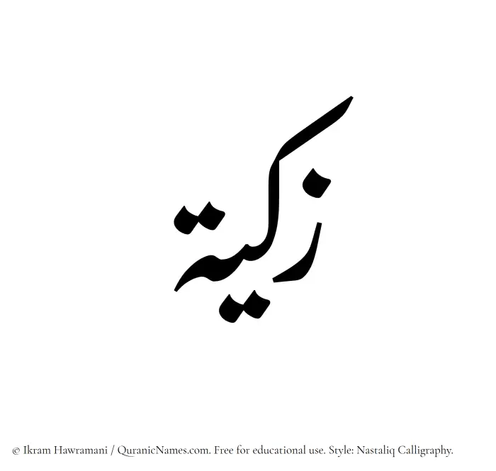 The Muslim name word Zakiya written in Nastaliq calligraphic script