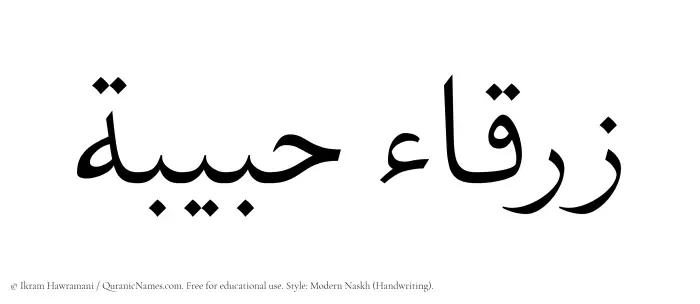 The Muslim name Zarqa Habiba written in naskh script