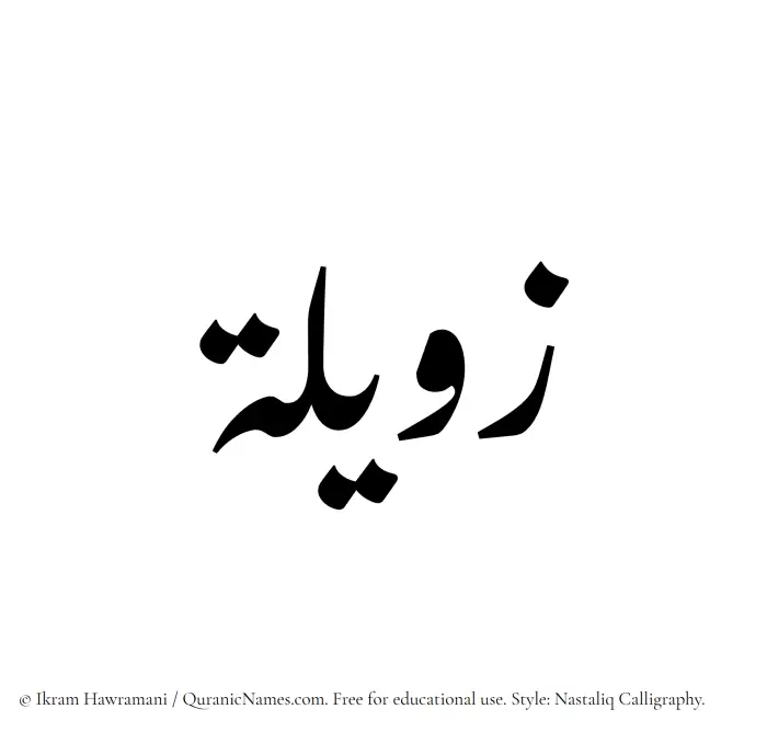 The Muslim name word Zaweela written in Nastaliq calligraphic script